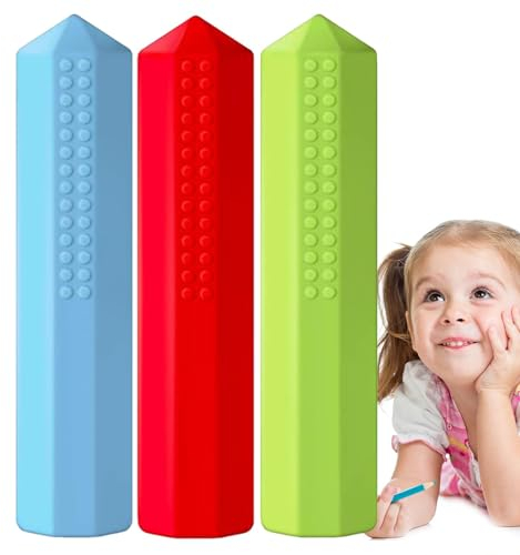 Chewy Bleistiftaufsätze, 3 Packungen Silikon-Regenbogen-Bleistift-Kau-Topper für Kauer mit besonderen oralen motorischen Bedürfnissen, sensorische Kinder, kaubare Stiftspitze für autistische Kinder