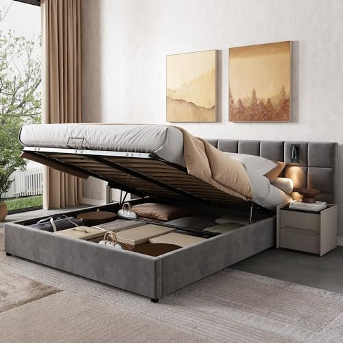 NQSLDM Polsterbett Doppelbett 180 x 200 cm mit Großer Kopfteil und Lampe, Hydraulisch Stauraumbett mit U-SB Aufladung und Stauraum, Bettgestell aus Steelrahmen, Samt-Stoff, Ohne Matratze, Grau