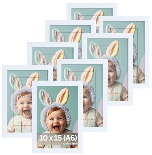 VictoR Bilderrahmen Dali 8er Set 10x15 cm (A6) weiß bruchsicheres Acrylglas | Fotorahmen Holz A6 - Bilderrahmen Set weiß 10x15 - moderner Holzrahmen