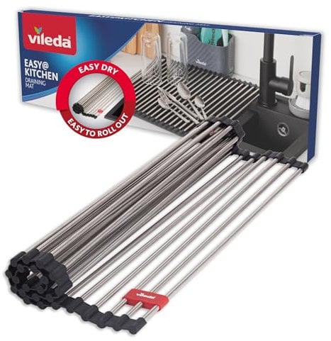 Vileda Escurreplatos Fregadero 45 x 40 cm de Acero Inoxidable y TPE – 24 Barras, Enrollable, Ideal como Estructura para vajilla y Cubierta del Fregadero, escurridor de Platos Plegable