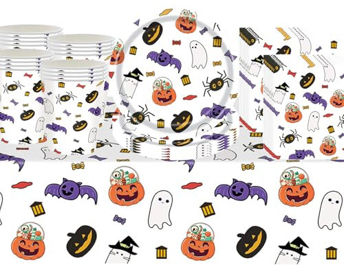 53Pcs Halloween Ghosts Party Tableware Decorations,Halloween Plastic Table Cloth,Paper Cups Napkins Plates Cartoon Table Cover Dinnerware for Halloween Party Supplies