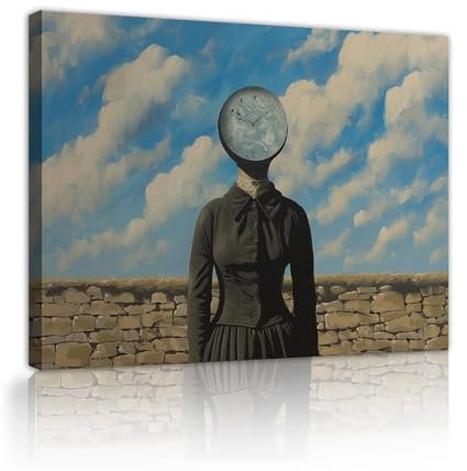TOANGWALL René Magritte Stil Leinwanddruck Mode Uhr Frau Porträt Weiß Wolken Wandkunst Retro Poster Malerei für Schlafzimmer Wohnkultur 85x102cm Innenrahmen