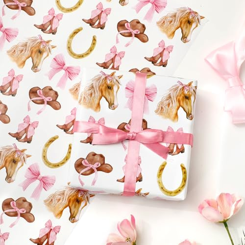 FYSUIMU Geschenkpapier mit rosa Schleife, Mini-Rolle, 43,2 cm x 100 cm, Western-Cowgirl-Geschenkpapier, Bauernhaus-Kunstpapier für Geburtstag, Babyparty, DIY Handwerk