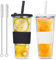 PRITOK 2 Pack Reusable Boba Tea Cups: 710ml/24oz Bubble Tea Cup, Plastic Cups with Lids and Straws, Leakproof Smoothie Cup, Double Wall Smoothie Tumbler for Bubble, Milkshake(Black White)