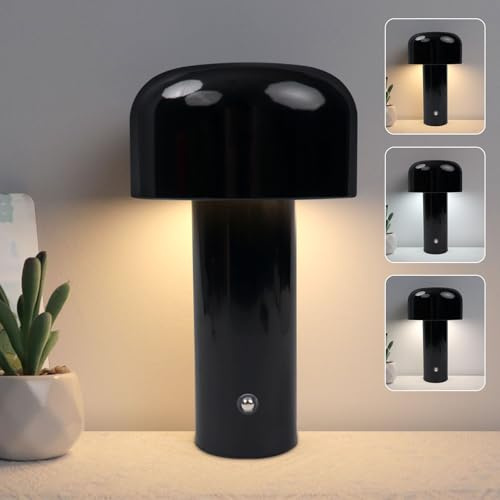 EXTRASTAR LED Pilzlampe, Dimmbar Touch-Tischlampe mit 3 Farbtemperatur und USB-C, Kabellos Tischlampe für Schlafzimmer & Wohnzimmer,Schwarz