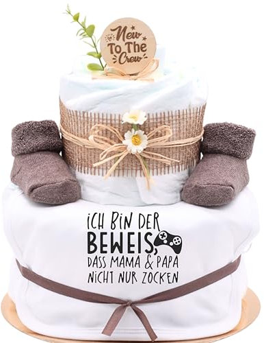Trend Mama | Windeltorte | Nature Design | Spruch wählbar| Lätzchen, Kuschelsocken |Geschenk Geburt (Design| Mama & Papa Gamer)