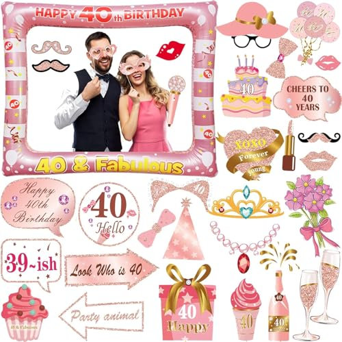 40th Brithday Decoration 30PCS Birthday Photo Booth Props, Inflatable Photo Booth Frame Rose Gold Inflatable Selfie Frame Glitter Birthday Party Photo Props (pink 40th)