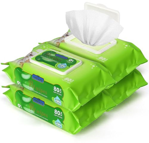 Nobleza Dog Wipes Hypoallergenic Pet Wipes for Dogs Cats, Aloe Vera Dog Cleaning Wipe for Full-Body Paws Face pH-Balanced, Unscented, 4 Packs, 320 Counts in Total.