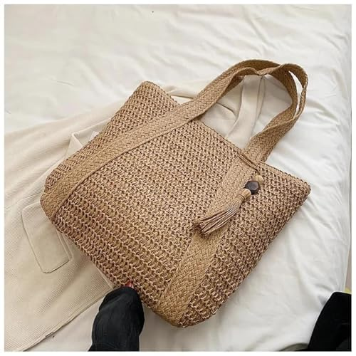 AAIXXIZAO Strohtaschen Strandtasche Trendige Strandbeuteltasche Aus Gewebtem Stroh Mit Großem Fassungsvermögen Einfache Damen-Umhängehandtasche Deepcoffee.