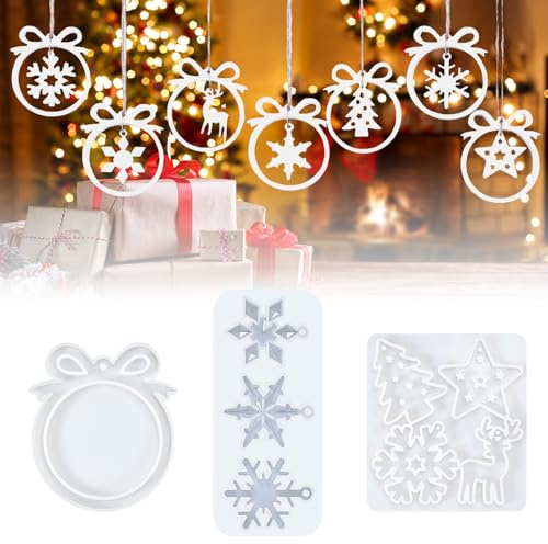JKITNHJOT Moldes de silicona para Navidad, 3 unidades, moldes de silicona con estrella, árbol de Navidad, copo de nieve y reno, forma de colgante y jabón para resina, decoración navideña y decoración