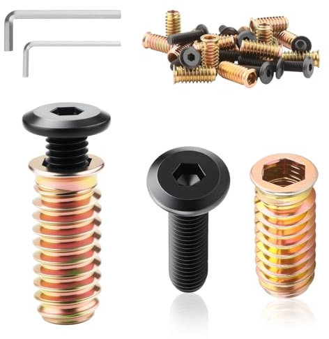 msymsyu Inserto roscado de madera, 25 unidades, tuerca atornillable M6, incluye M6 x 8 mm, tornillo de acero al carbono, M6 x 6 mm, manguito con 2 llaves hexagonales de níquel para conexiones de