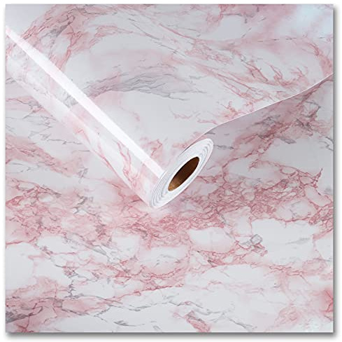 CRE8TIVE Papier Peint Adhesif Marbre Rose Clair Brillant Papier Adhesif pour Meuble Cuisine Moderne 60 x 300cm Vinyle Adhesif Autocollant pour Cuisine Salle De Bain Impermeable Armoire Comptoir