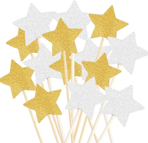 Hopzab 20 Pcs Star Cake Toppers for Birthday Cake, Wedding, Party Decorations, Gold and Silver Glitter Star Picks for Cupcake Toppers.