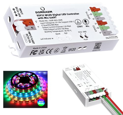 XLSBZ ESP32 WLED Controller, LED Streifen Controller mit Mikrofon UART Download DC 5-24V Musik Dynamikmodus App Steuerung für WS2811 WS2812 SK6812 TM1814 WS2813