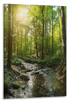 Vintage Forest Landscape Canvas Wall Art, Nature Stream Sunlit Trees Picture Painting on Canvas, Print Poster Decoration Artwork for Home Living Room Bedroom Wall Decor Frame 24x36inch(60x90cm)