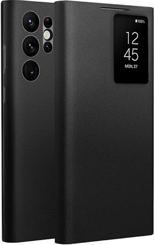 Hondeepest Genuine Leather Smart Case for Samsung Galaxy S22 Ultra Lightweight with Smart View for S22 Ultra (Only for S22 Ultra Black)