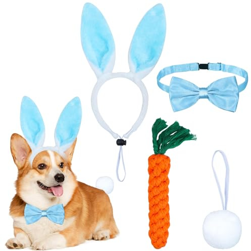 Hunde Ostern Hasenohren Stirnband, 4 Stück Hasenohren Haarreif mit Fliege, Schwanz, Karotte, Verstellbare Kopfschmuck, Haarband, Hundebekleidung Zubehör, Hundekostüm für Karneval Cosplay (Blau)