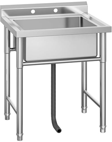 Aptliton Commercial Kitchen Sink (Basin W59xD46xH22cm), Stainless Steel Single Bowl Catering Sink Unit with Drainer, Heavy Duty Freestanding Utility Wash Station for Garage