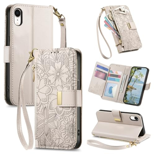 VEEMOS Handyhülle für Apple iPhone XR Hülle Klappbar Leder Klapphülle mit Reißverschluss Kartenfächern Ständer Band Blumen Prägung Schutzhülle Damen Wallet Flip Case - Grau