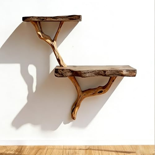 Rustic Wood Floating Shelf - Tree Branch Shape Wall Mount Solid Wood Bookshelf, Decorative Nature Wall Shelves Wooden for Plants & Home Decor, 2-Tier Shelves Book Display for Lounge & Bedroom (M)