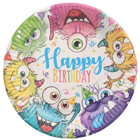 PAPSTAR Pappteller 23cm plastikfrei 10er Set Happy Birthday mit lustigen Monstern - Runde Partyteller - Partygeschirr mit Funny Monsters Motiv - Einweg Teller für Kindergeburtstag Weiß Bunt