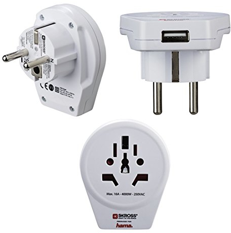 Hama Steckdosenadapter mit USB-Port, für deutsche Schutzkontakt Steckdosen „World to Europe USB“ (Reiseadapter für Geräte aus UK, USA, China, Brasilien, Australien u.v.m.) Reisestecker weiß