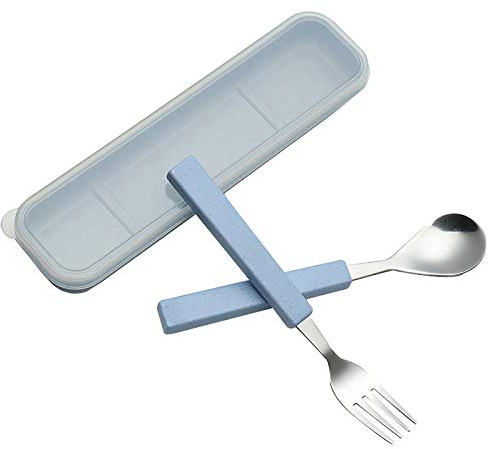VANRA 2-Piece Set Posate per Bambini in Acciaio Inox 18/10 Argento Bambino Stoviglie Posate Posate Utensili forchetta e Cucchiaio da tavola con Custodia da Viaggio per Bambini Bambini (Cromato) (Blu)
