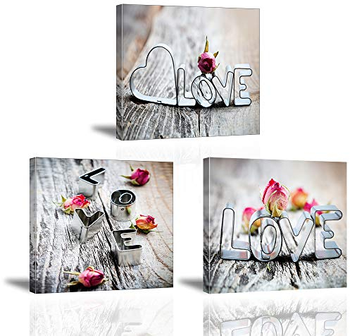 Piy Painting Liebe und Rosen Kunstdruck auf Leinwand per Herz Form Bild Blume Fotoleinwand und Kunstdrucke auf Wanddeko für Wohnzimmer Schlafimmer Küche Badezimmer 30x30cm 3Set