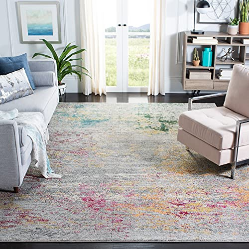 SAFAVIEH Boho Teppich für Wohnzimmer, Esszimmer, Schlafzimmer - Madison Collection, Kurzer Flor, Grau und Gold, 200 x 200 cm