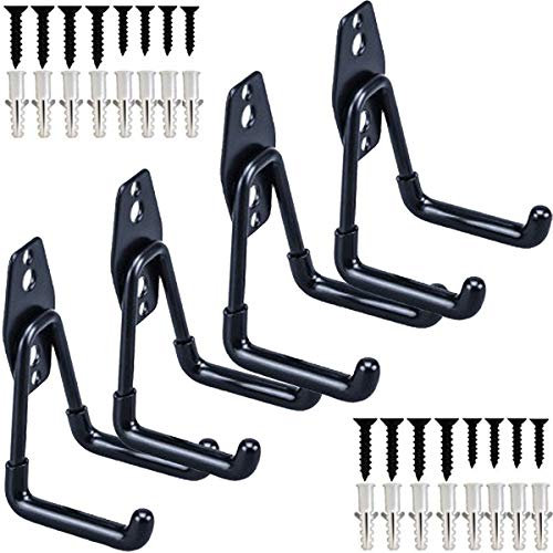 JMYDecor Garage Ganchos de garaje, paquete de 4 ganchos dobles, soporte para herramientas de montaje en pared de hierro resistente para silla de casa, escalera, bicicleta, negro, 4Pack 2.75 L Hooks