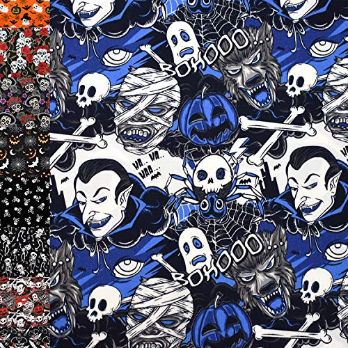 MAGAM-Stoffe Jack Baumwollstoff Popeline Halloween Piraten Skulls Meterware 50cm (Grusel Comic Blau)
