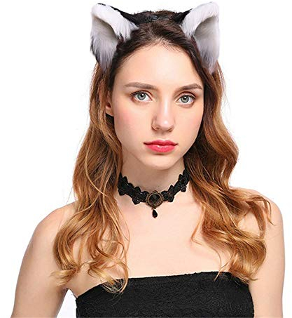 Doeheah Katzenohren Haarreif Fuchsohren Stirnband Neko Ears Haarnadel niedlich Haarschmuck Halloween Kostüm Anime Lolita Cosplay Mädchen Damen und Kinder Weiß+Schwarz