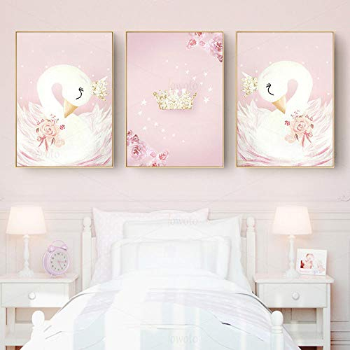 WTYBGDAN Kleiner weißer Schwan Plakate und Drucke Rosa Kinderzimmer Blume Wandkunst Bild Gold Krone Leinwand Gemälde Prinzessin Zimmer Schlafzimmer Dekor | 40x60cmx3Pcs / ohne Rahmen