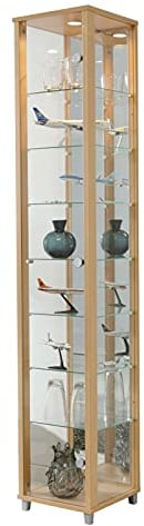 Vitrine en verre de collection Vitrine sur pied avec LED et 7 étagères en verre - Hauteur réglable - Décor hêtre - 172 x 32 x 33 cm