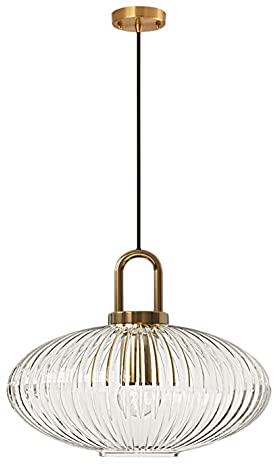 HJXDtech Industrielle Vintage Pendelleuchte mit Geripptem Glas Lampenschirm und Bronze-Finish, Moderne Retro Deckenleuchte Hängelampe für Nachttisch Kücheninsel (Klar, 30cm)