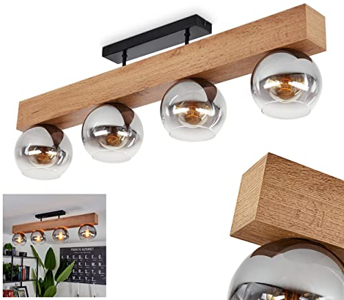 Deckenleuchte Vouhet, moderne Deckenlampe aus Metall/MDF/Glas in Schwarz/Holzoptik/Rauchfarben, Leuchte im Retro/Vintage-Design mit Schirmen aus Rauchglas (Ø 15 cm), 4-flammig, 4 x E27 max. 40 Watt
