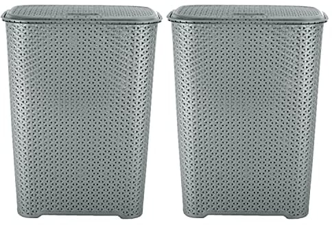 M1SS Set of 2-65L Litre Plastic Laundry Basket with Lid and Handle Drop All Basket Clothes Washing Bin Storage Hamper Small Organiser Lovely For Bathroom, Bedroom (Grey)