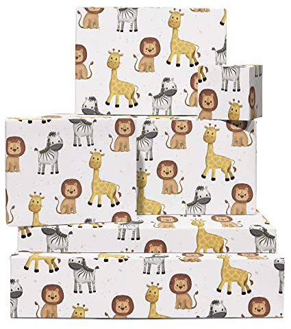 Baby-Geschenkpapier – 6 Bögen Geschenkpapier – Zebra, Giraffe, Löwe – Dschungel-Geschenkpapier für Kinder Jungen und Mädchen – für Geburtstag, Babyparty, Taufe – Central 23