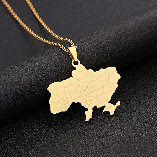 Stylish-Art Ukraine-Karten-Kettenhalskette,Attraktiver Ukrainischer Karten-Anhänger,Geometrisches Schmuck-Amulett Für Damen Und Herren,Patriotische Ornamente,Schmuck,Gold,60 Cm Kette