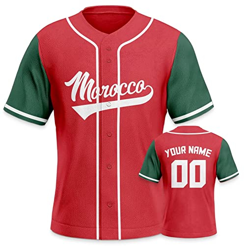 Yolovi Marokko Personalisiertes Baseball Trikot 3D Stickerei/Druck World Baseball Jersey mit Ihrem Namen und Nummer Hip Hop Baseball Shirt für Herren Damen Kinder, Small-6X-Large