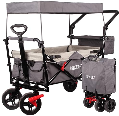 Bollerwagen Faltbar Handwagen Klappbar Gartenwagen mit Dach Transportwagen Gurte (Dunkelgrau)