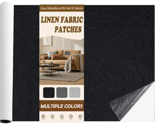 Fondlife Leinen Stoff Patches Selbstklebend,Leinenstoff Reparatur Patch Self-Adhesive,Sofa Reparatur Patches,Leinen Stoff Reparatur Flicken für Leinenkleidung,Autositze (Schwarz, 200 * 40cm)