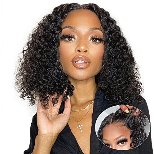 14 Pouces Perruque Femme Naturelle Bouclée Brésilien,4x4 Glueless Bob Wig Human Hair Perruque Curly Femme Courte Precut Lace With 180% Density Lace Wig Human Hair(35cm)