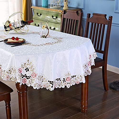 Yizunnu Tischdecke mit Spitze, Bestickt, Vintage-Stil, Blumenmuster, oval, Weiß (rosa Blume, 130 x 172 cm)