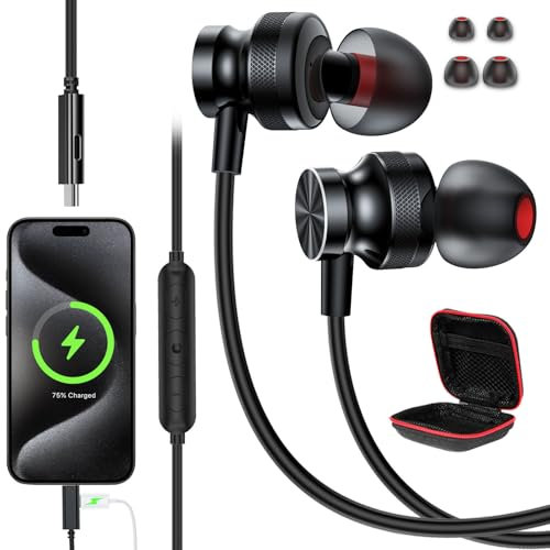 APETOO USB C Headphones with Charging for iPhone 16 15 Plus Pro Max,Samsung S24 S23 S22 A53,Magnetic USB-C Wired Earbuds Noise Canceling in-Ear Earphones with Mic Volume Control for iPad,Pixel,Oneplus