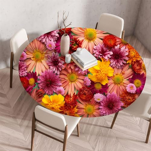 Morbuy Elastische Tischdecke Rund Wasserdicht, 3D Blumen Drucken Tischdecke mit Gummizug Rund Tischdecken Tischtuch Abwischbar Gartentischdecken (Chrysantheme,Durchmesser 90cm)