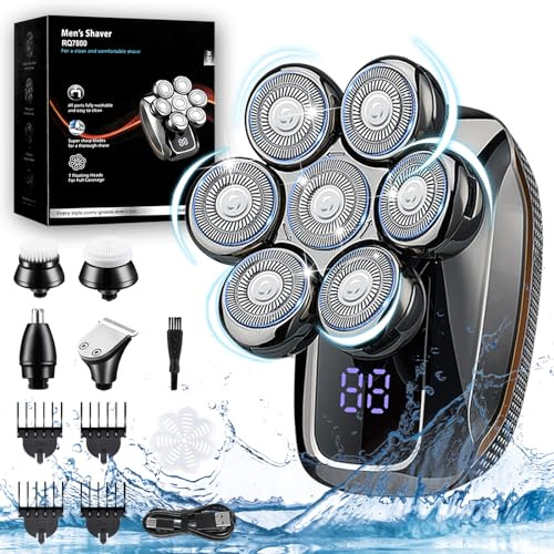 Elektrorasierer für Herren, 5-in-1 Rasierer mit Glatzenkopf, drehbar, USB, wiederaufladbar, wasserdicht, trocken schwimmend, 7D, Nasenrasierer, LED-Display und Gesichtsbürste