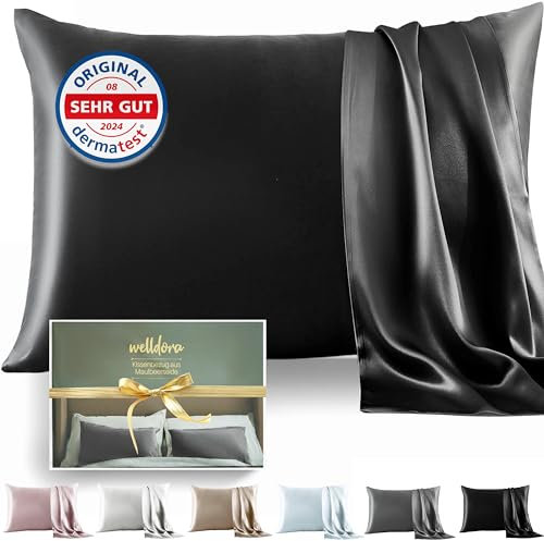 Welldora Kissenbezug aus 100% Seide 40x80 | Hohes Gewicht: 22 Momme, ideal für Haut und Haar | Höchste Güteklasse 6A | Zertifiziert in der Schweiz | Oeko-Tex* Seidenkissenbezug Graphitschwarz