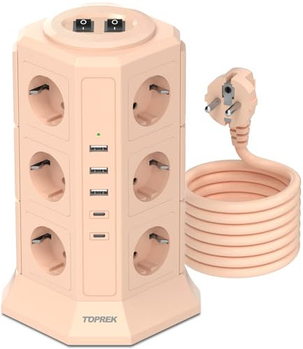 Multiprise avec 2 Interrupteur, TOPREK 12 Prises Multiprise Electrique avec 3 USB A & 2 USB C, 4000W/16A, Parafoudre et 2M Câble la Maison et au Bureau (Rose)