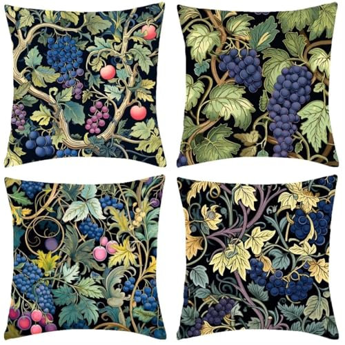 Outdoor Kissen 50x50cm Wasserfest 4er Set Kissenbezug Sofakissen Outdoor Kissenbezüge Grape Kissen Dekokissen Zierkissen Leinen Quadratische Kissenhülle, Balkon Terrasse Patio Garten Bauernhaus Dekor